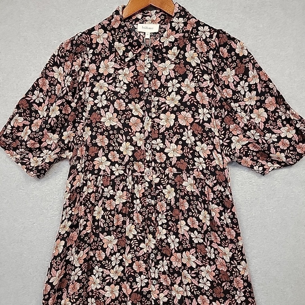 BOHME Maxi Dress Black Mauve Pink Floral Short‎ Sleeve Pockets Boho Modest Sz M